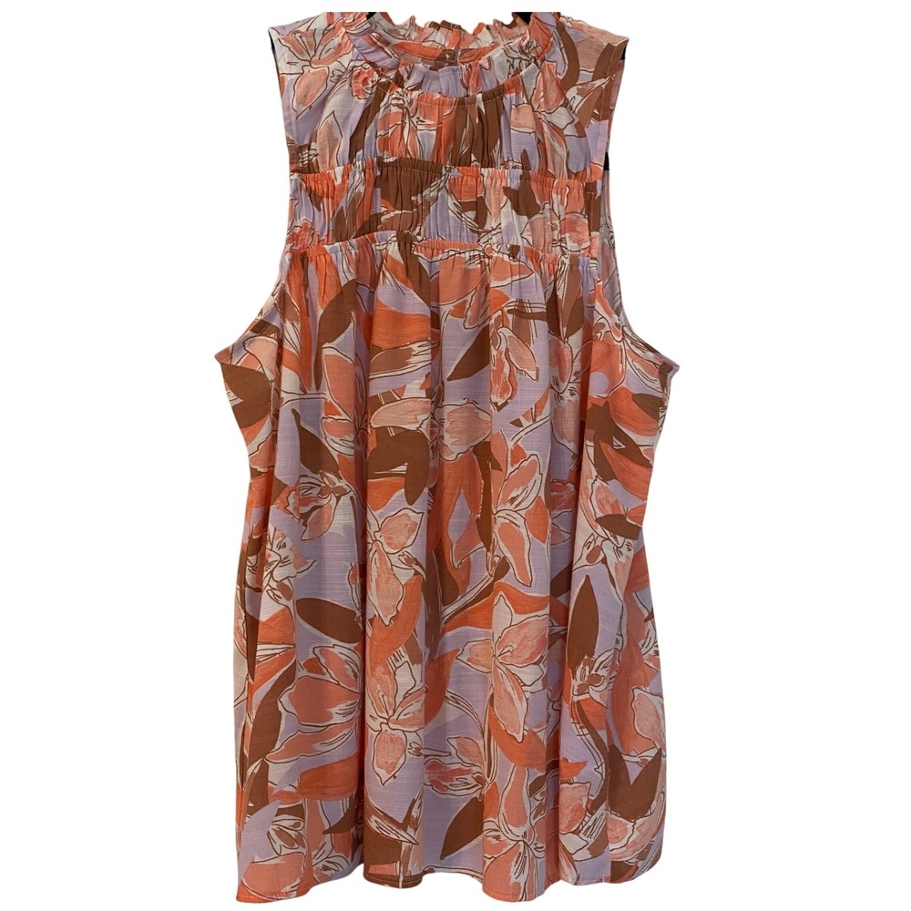 Floral Sleeveless Blouse XS Orange Lavender Ruffle Neck Smocked Boho Tropical
